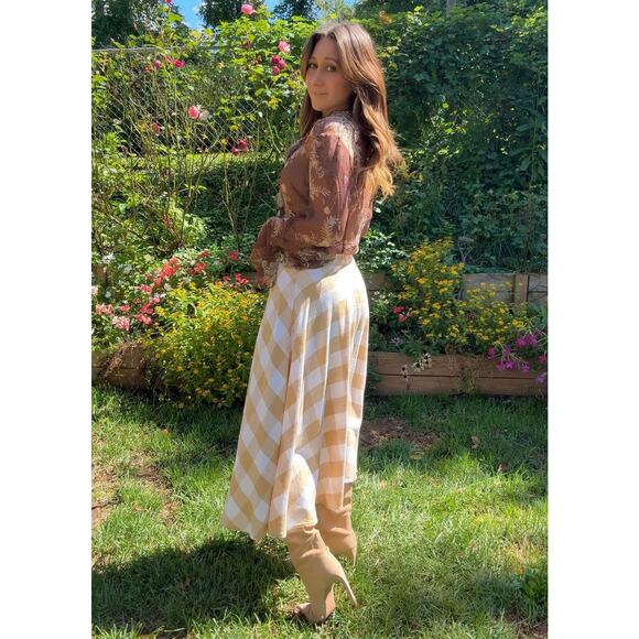 Beige Linen Gingham Midi Skirt – Linen Blend Check Skirt - Picture 1 of 7